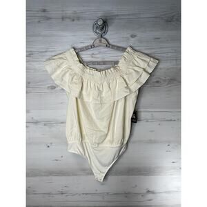 Express Bodysuit Womens XL Ivory Off Shoulder Ruffle Smocked Snap One Piece‎